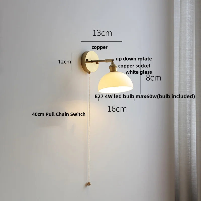 Glass LED Wall Sconce Pull Chain Switch Modern White Stair Light