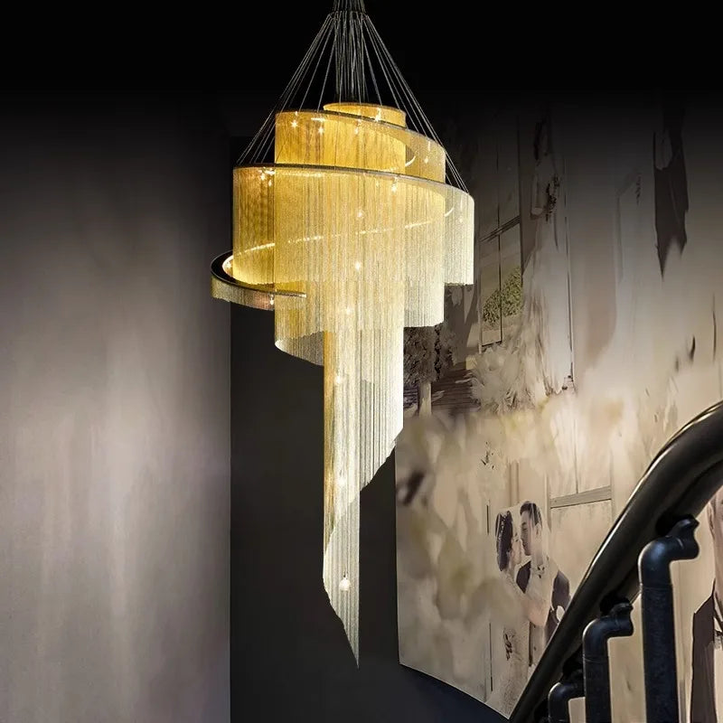 Gold Tassel LED Chandelier for High Ceilings - Elegant Home Decor Lighting