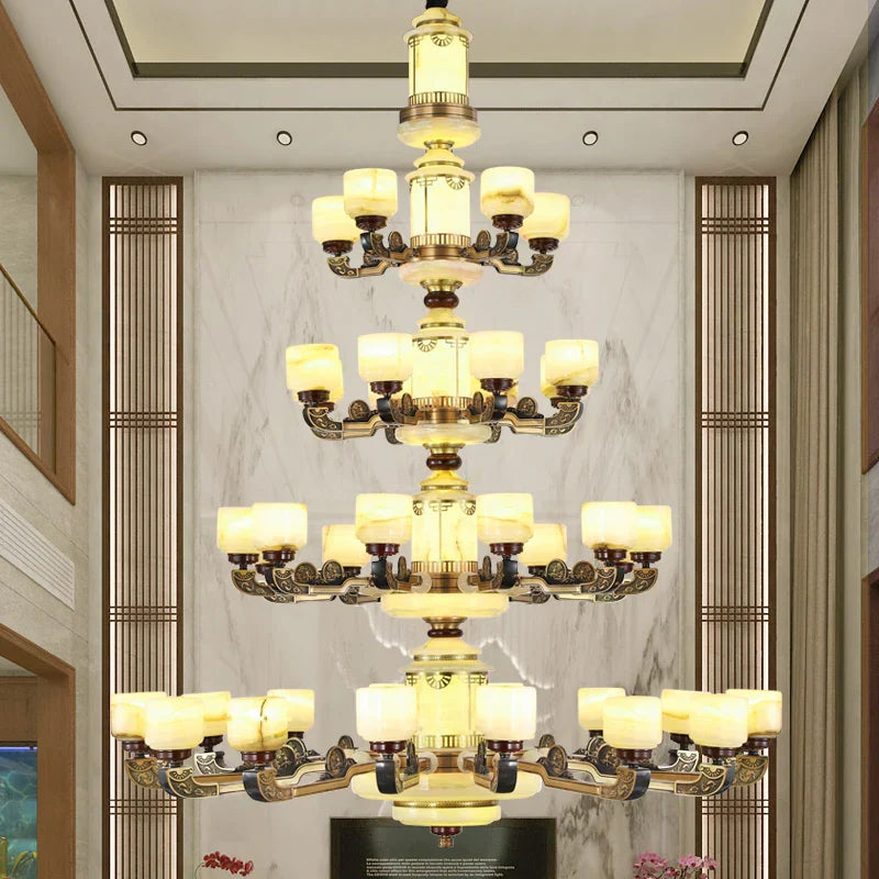 Natural Jade Copper Chandelier Modern Duplex Building Zhongshan Lamps