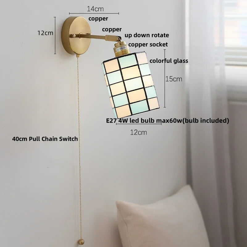 White Glass LED Wall Light with Pull Chain Switch, Japanese Style Hallway Lamp