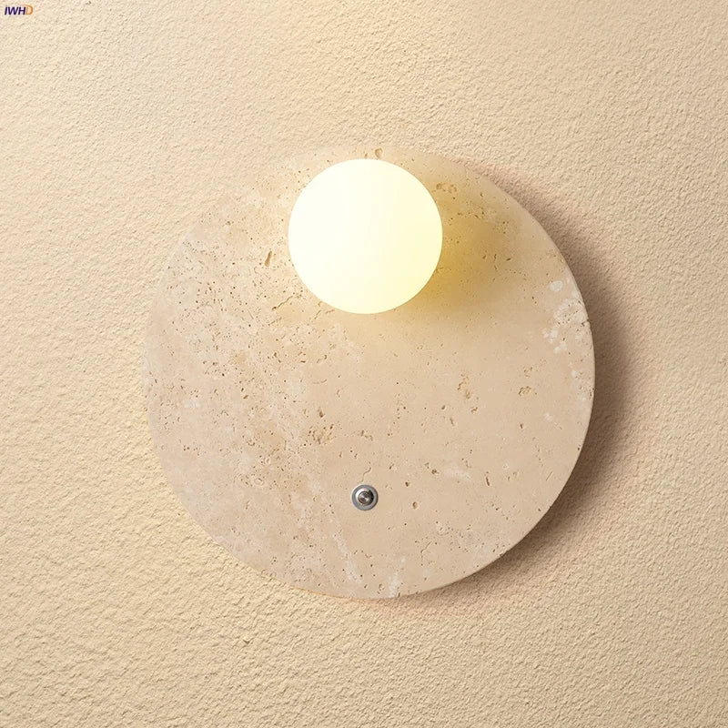 White Glass LED Wall Lights Yellow Travertine Stone Modern Disc Switch Bedside Lamp
