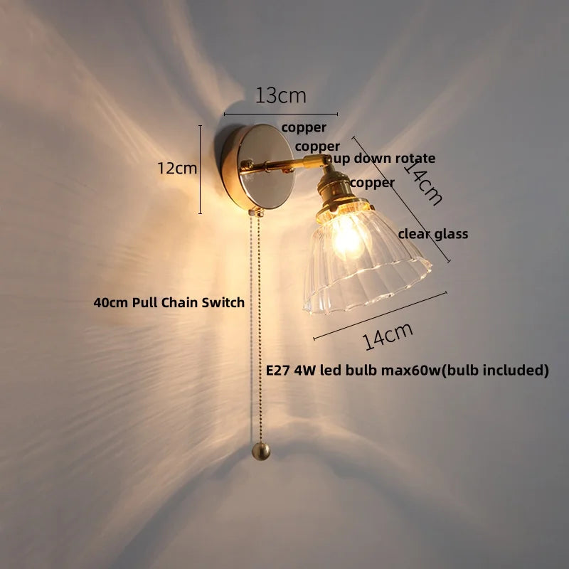 Rotatable LED Wall Sconce Clear Glass Reading Lamp with Pull Chain Switch