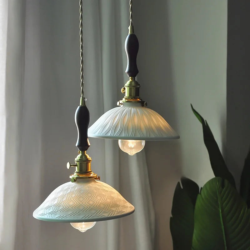 Copper Ceramic LED Pendant Lights Walnut Wood Hang Lamp