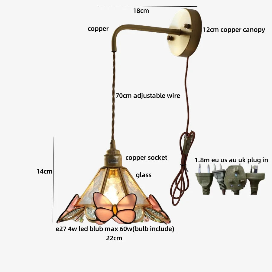 LED Butterfly Glass Wall Lamp Sconce with Pull Chain Switch