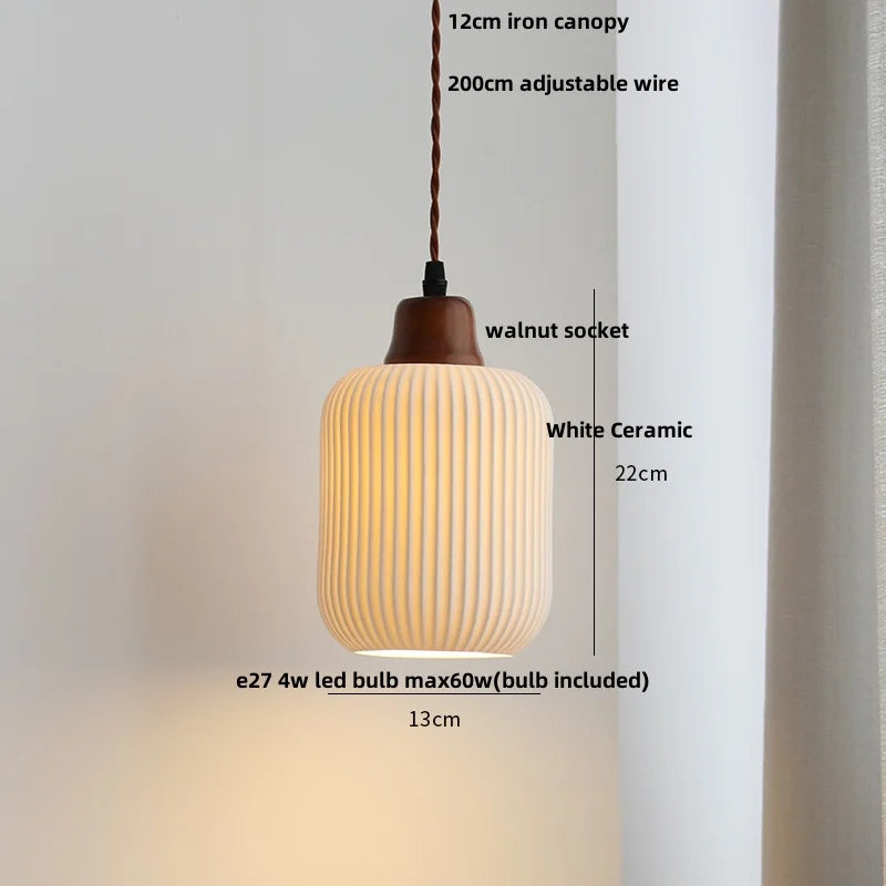 Nordic LED Pendant Light White Ceramic Walnut Wood Hanging Lamp