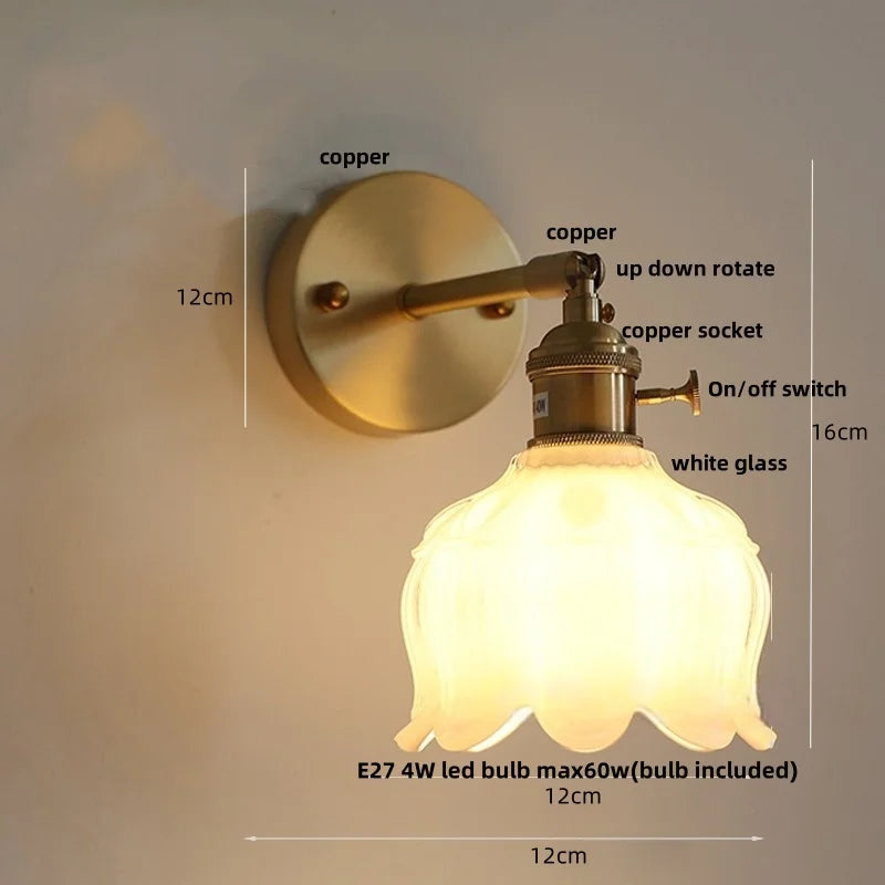 Afralia™ Copper Rotate LED Wall Light with Pull Chain Switch - Modern Glass Bedside Sconce