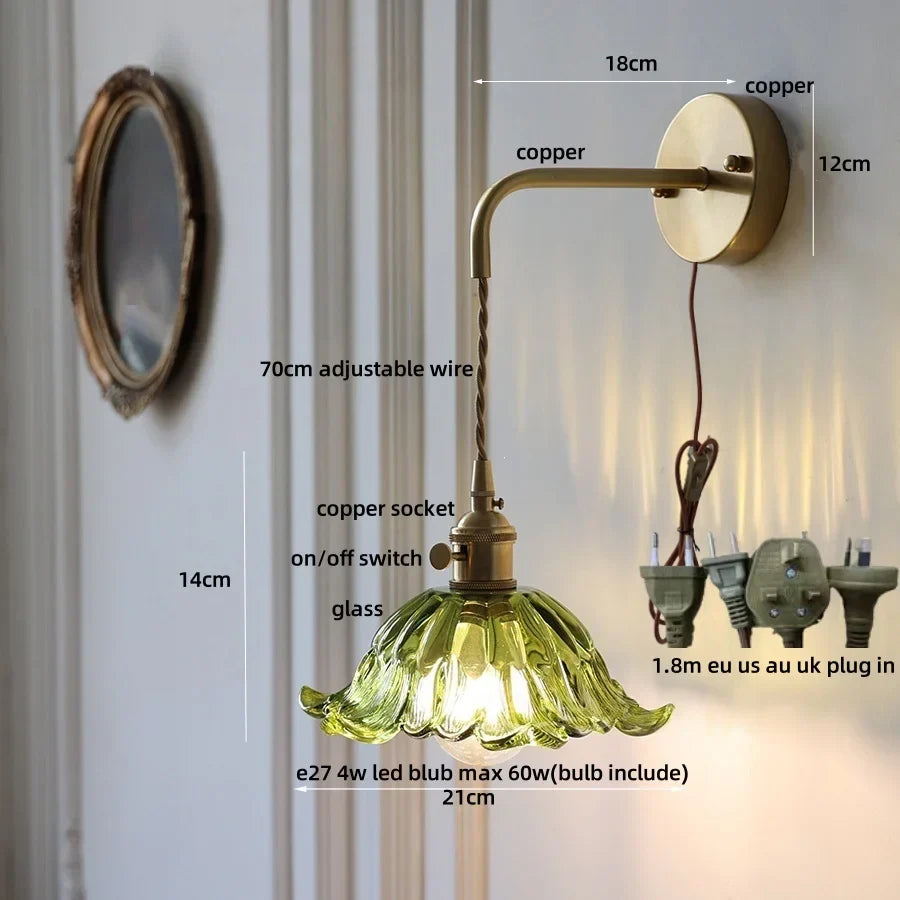 Amber Glass LED Wall Sconce, Brass Finish, Adjustable Wire, Modern Nordic Style