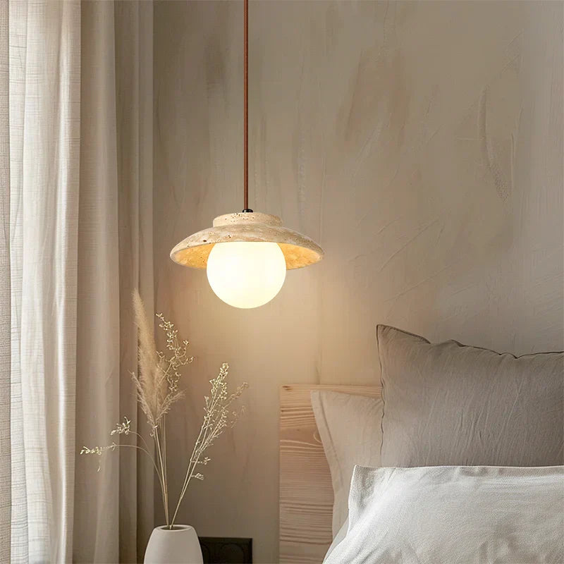 Wabi Sabi Yellow Travertine Stone LED Pendant Light for Living Room and Bar Counter