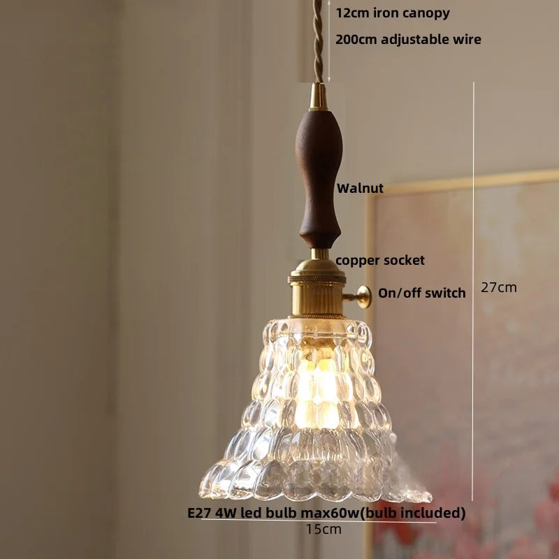 Copper Socket LED Pendant Light with Phenix Glass Shade, Adjustable Hanging Lamp