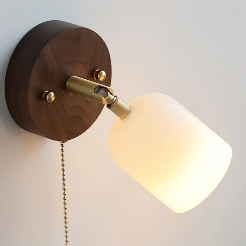 Walnut Wood LED Wall Lights Bedroom Copper Rotate Glass Pull Chain Switch