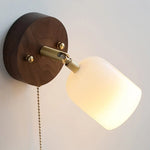 Walnut Wood LED Wall Lights Bedroom Copper Rotate Glass Pull Chain Switch