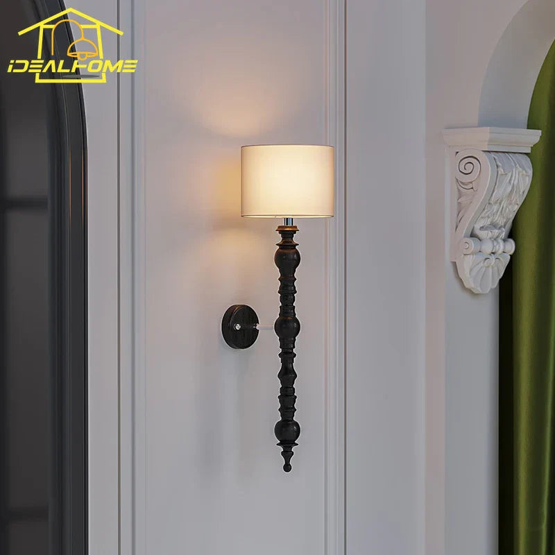 Wall Lamp LED E27 Solid Walnut/Black Wood Medieval Design