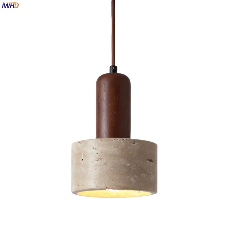Wood Stone LED Pendant Light Yellow Travertine Modern Luminaria