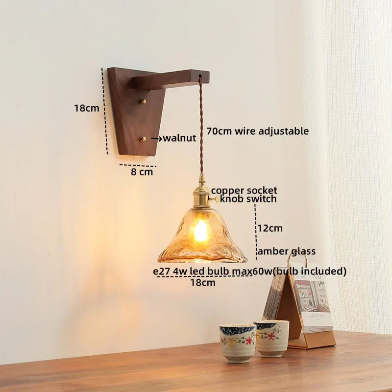 Walnut Glass LED Wall Light Fixture | Modern Bedroom Bathroom Living Room Lamp
