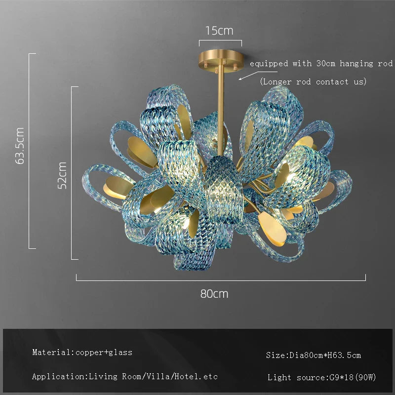 Blue Glass Flower Ceiling Chandelier Copper Hanging Lamps