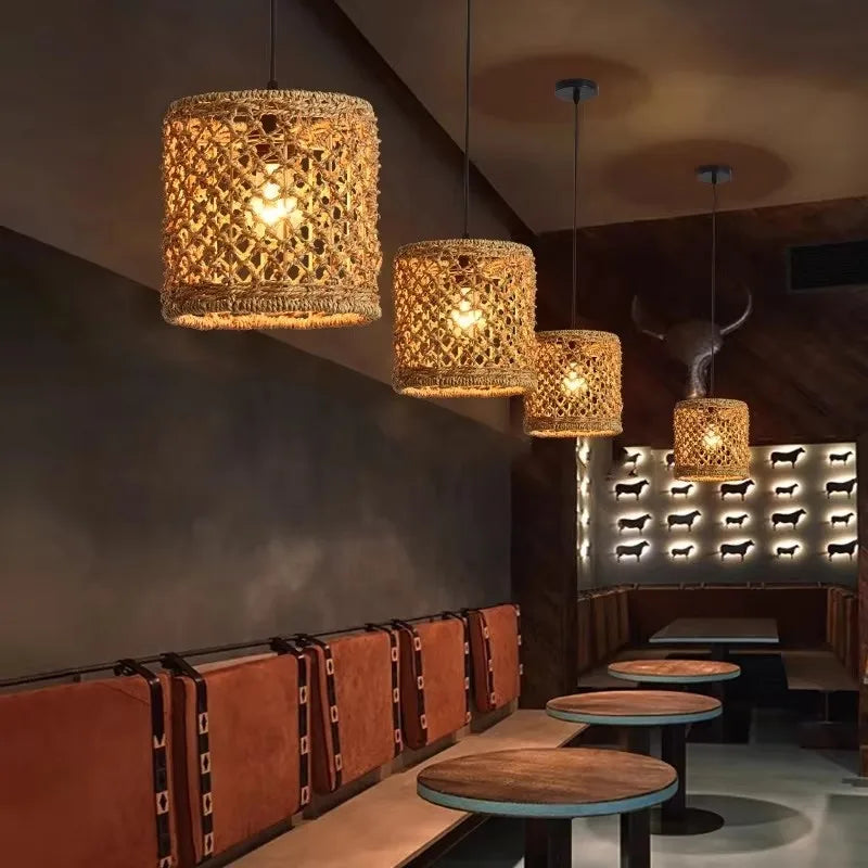 Hand-woven Natural Rattan Chandelier Pendant Light for Living Room Décor