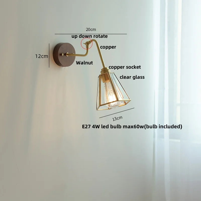 Copper Rotate Arm LED Wall Light: Clear Glass Walnut Bedside Lamp