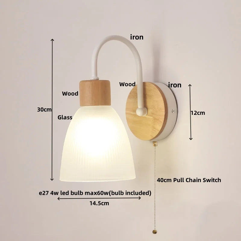 Glass LED Wall Sconce Wood Base Modern Bathroom Light Fixture