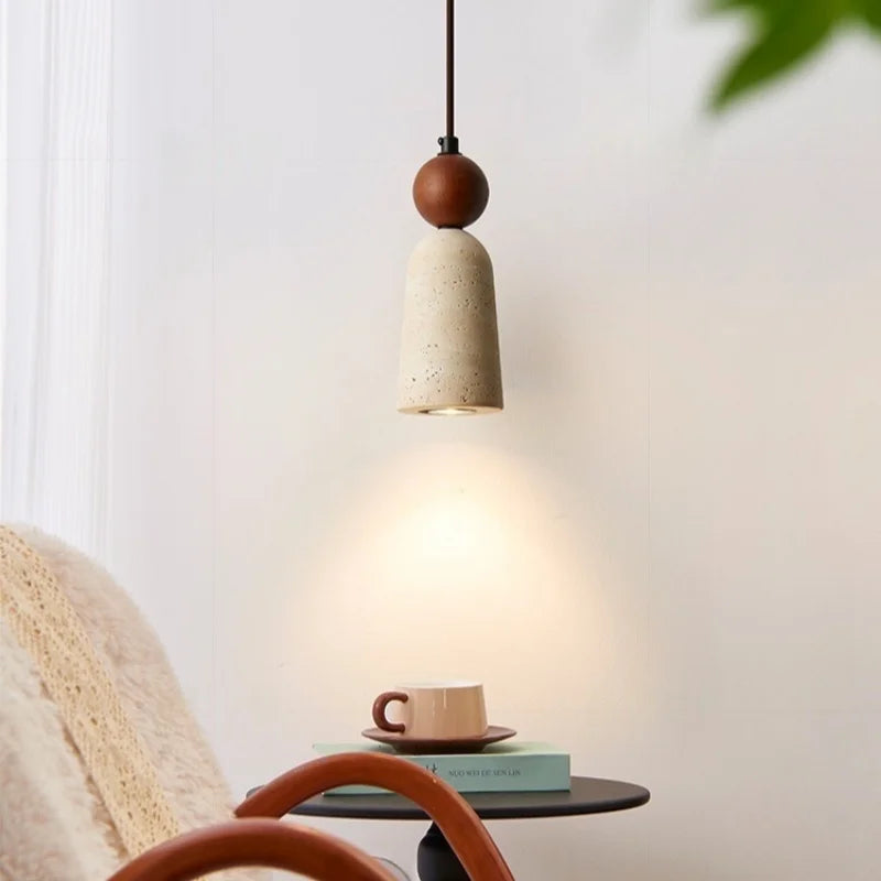 Afralia™ Wood Yellow Travertine LED Pendant Light Hanglamp for Home Decor