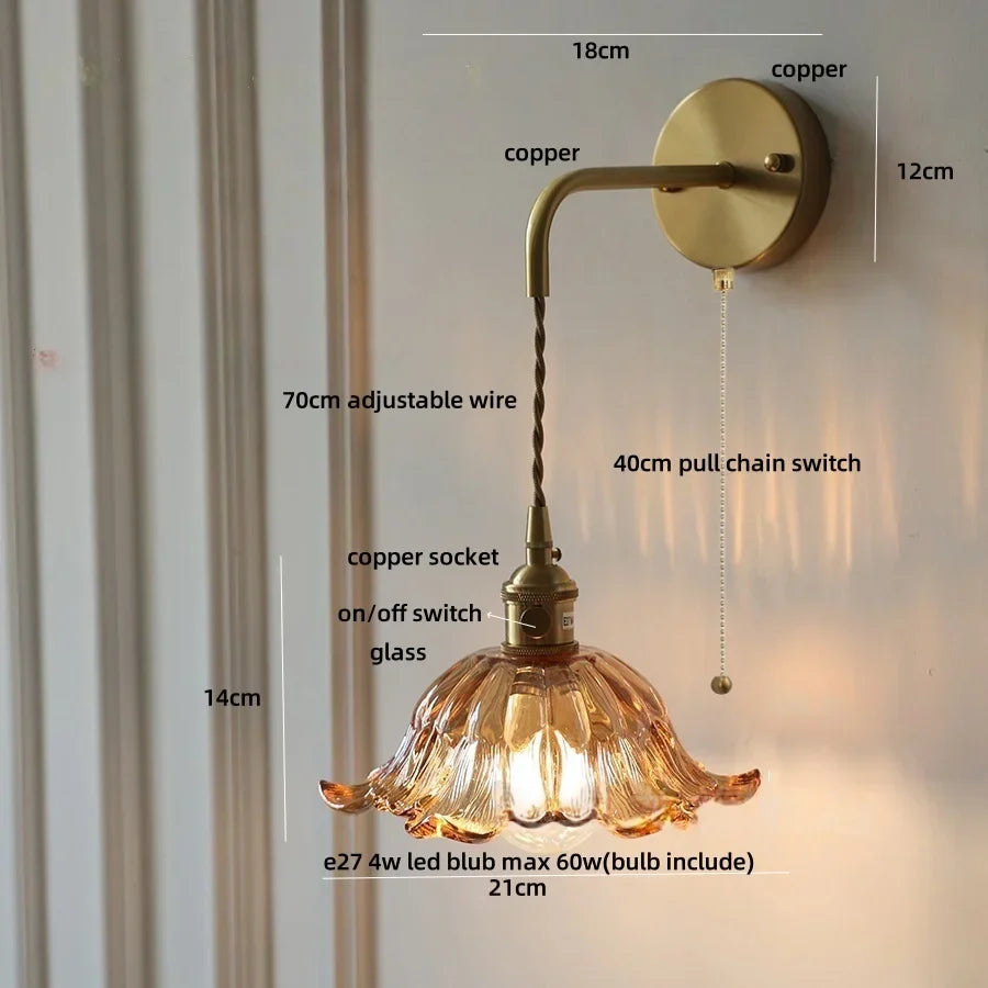 Amber Glass LED Wall Sconce, Brass Finish, Adjustable Wire, Modern Nordic Style