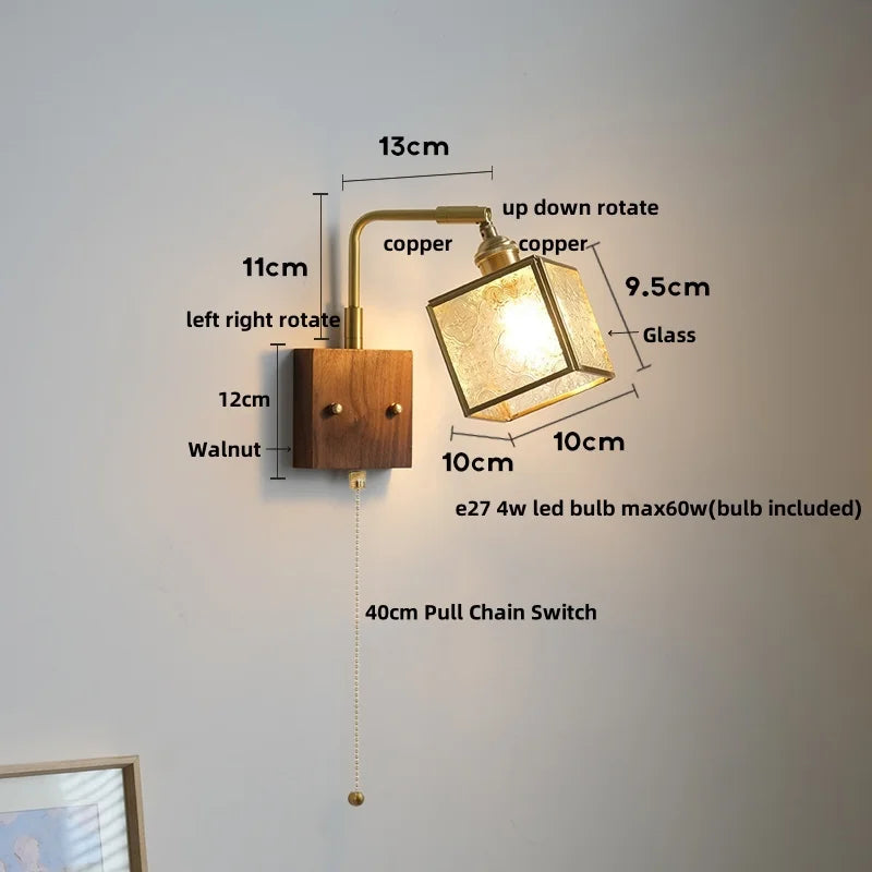 Wood Cube Glass LED Wall Lights with Pull Chain Switch for Modern Interiors