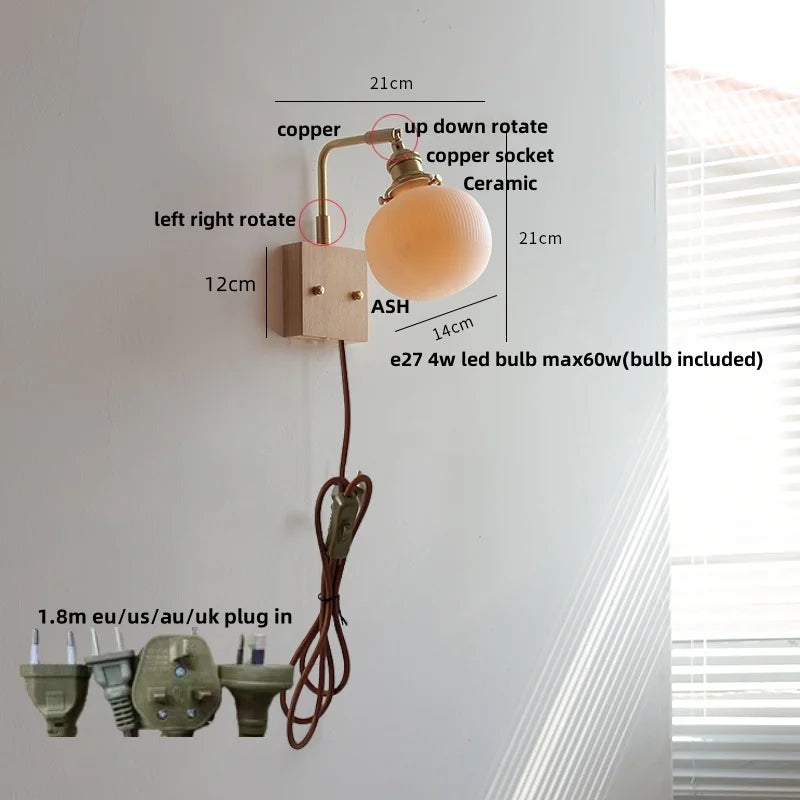 Afralia™ Globe Ceramic Walnut Wood Wall Light with Pull Chain Switch and Rotatable Design