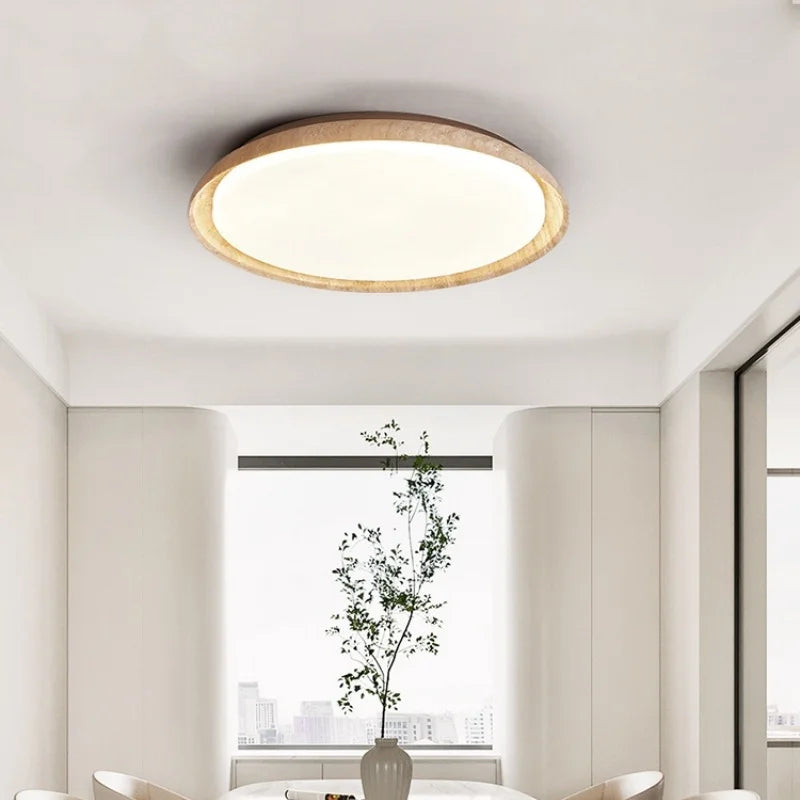 Yellow Travertine Stone LED Ceiling Lamp with Wood Canopy