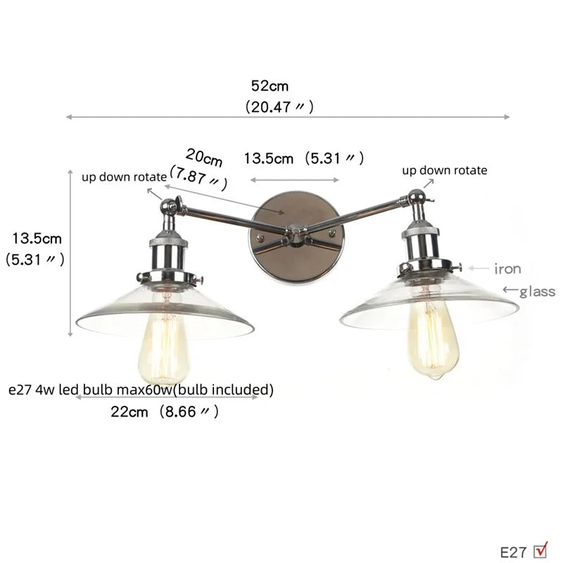 Glass 2-Light Wall Sconce with Pull Chain Switch for Bedroom and Bathroom