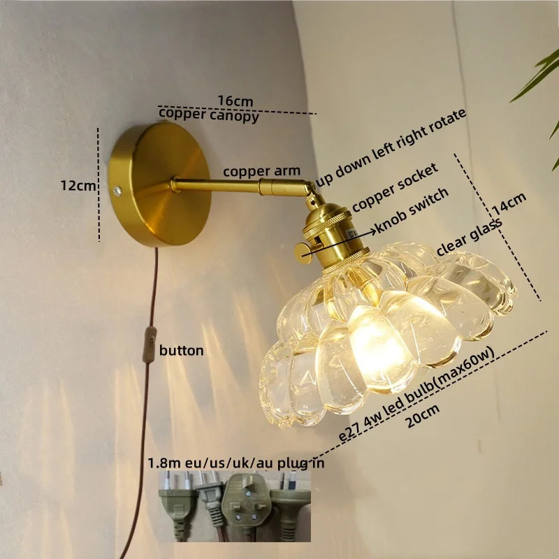 Nordic LED Wall Lights Pull Chain Switch Copper Glass Home Decor