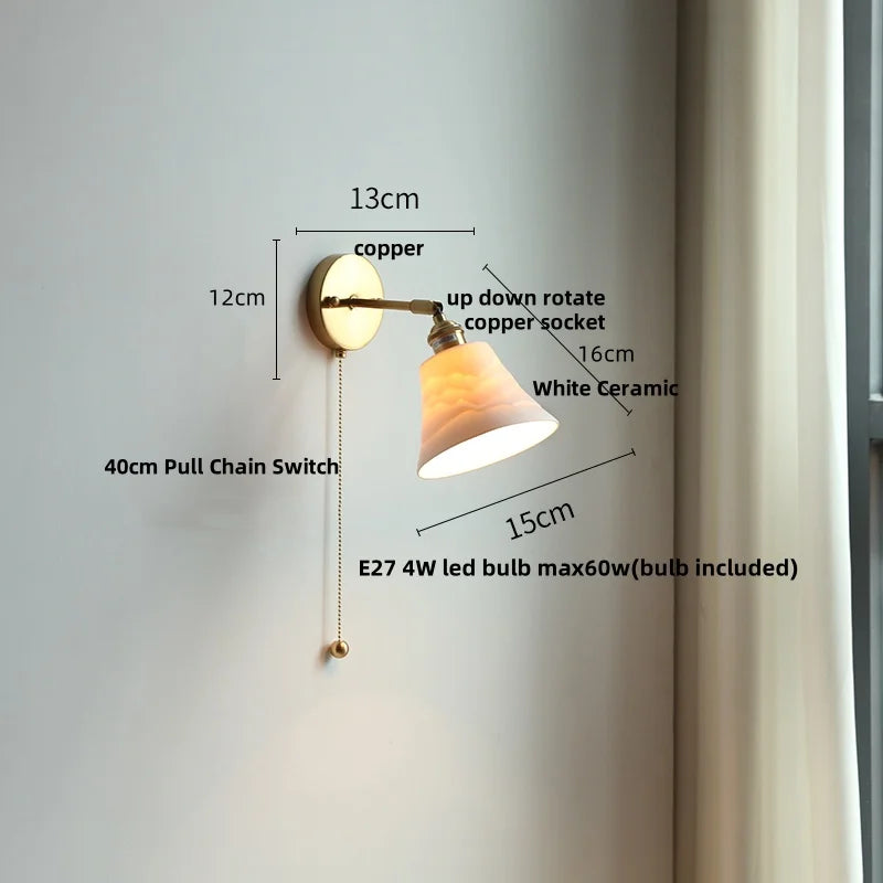 Nordic Ceramic LED Wall Light with Pull Chain Switch - Modern, Simple, Rotating