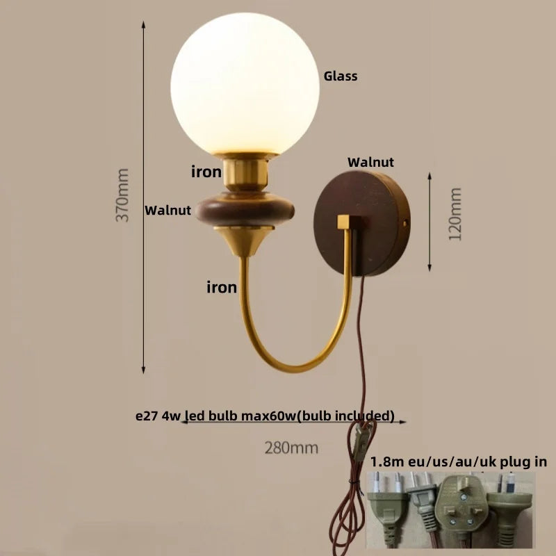 Wood Glass LED Wall Sconce Pull Chain Switch Bathroom Vanity Light