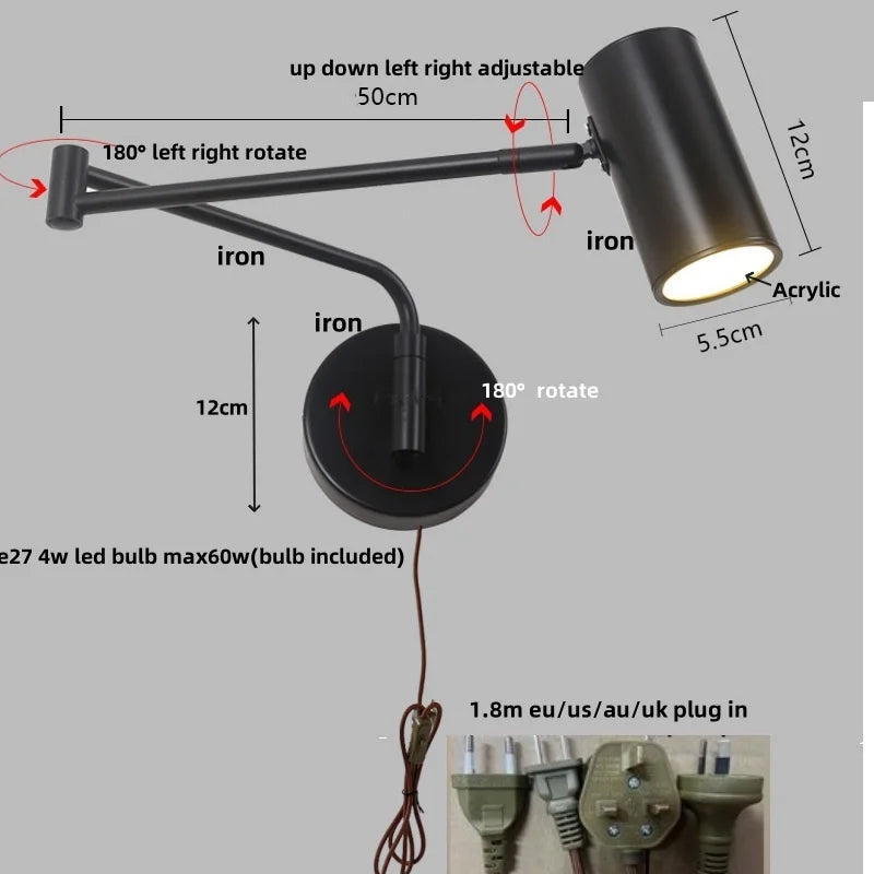 Acrylic Iron LED Wall Lamp | Modern Rotate Black Stair Light | Dining Room Study Fixtures