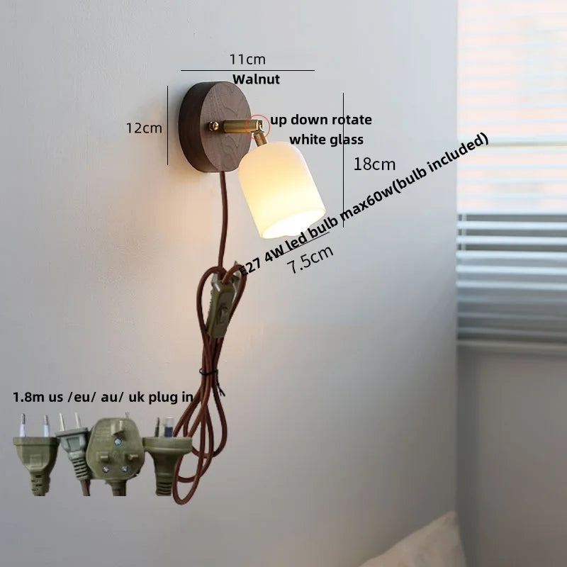 Nordic LED Wall Lamp Rotate Walnut Pull Chain Switch Mirror Light