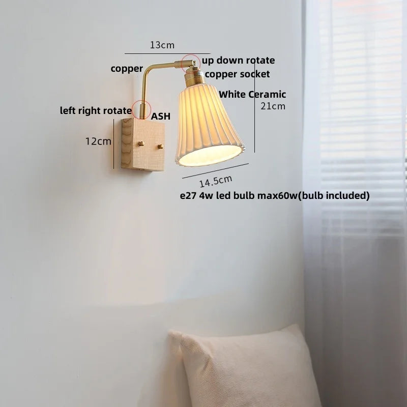 Nordic LED Wall Lights Pull Chain Switch Bedside Lamp Walnut Ash Glass Copper