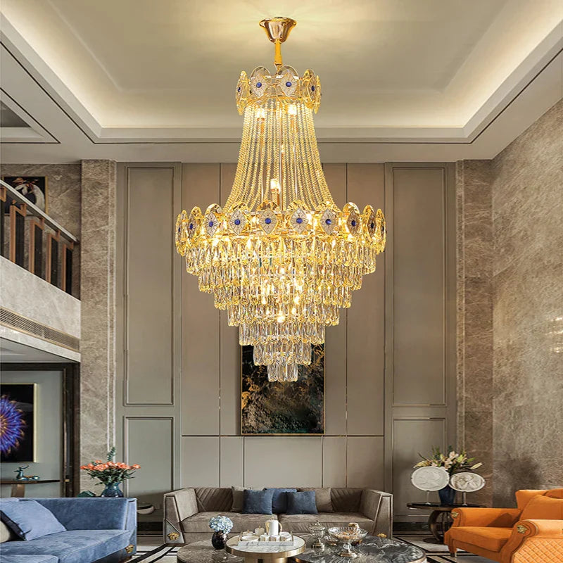 Gold Round Chandelier Dimmable LED Stair Lights Luxury Suspension Lamp
