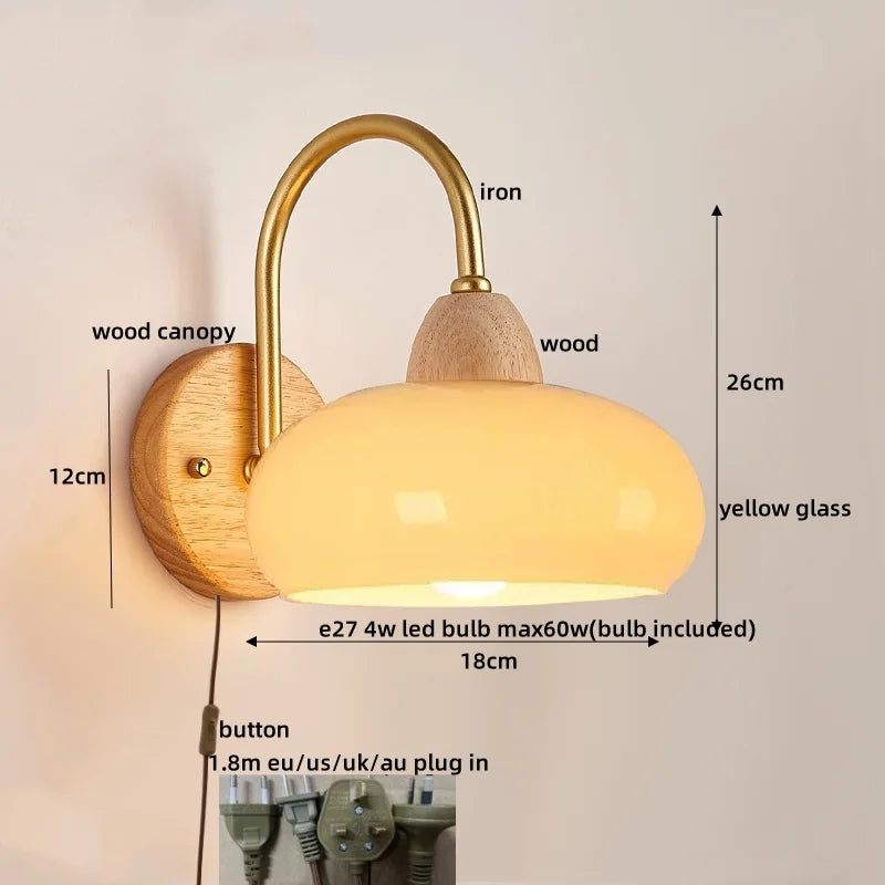 LED Glass Iron Wood Wall Light Fixture Modern Nordic Bedside Lamp
