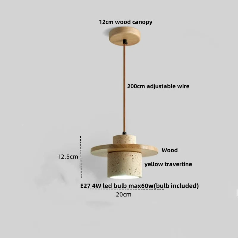Nordic LED Pendant Lamp Wood Base Yellow Travertine Adjustable Hanging Light