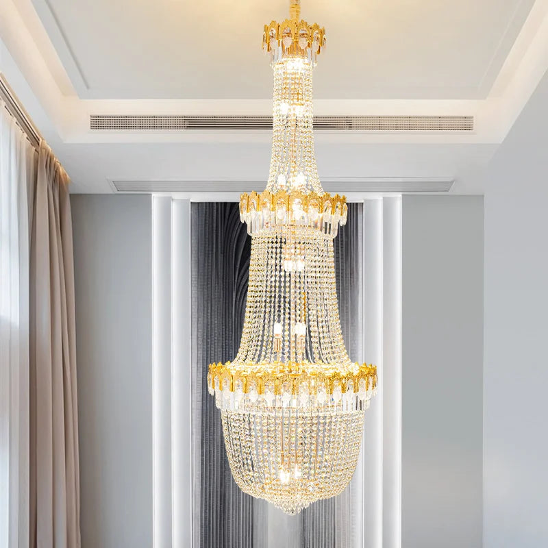 Crystal Chandelier: Luxury Duplex Hotel Living Room Stairwell Design