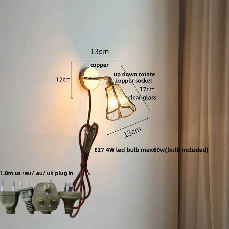 Copper LED Wall Lights with Glass Shade & Pull Chain Switch