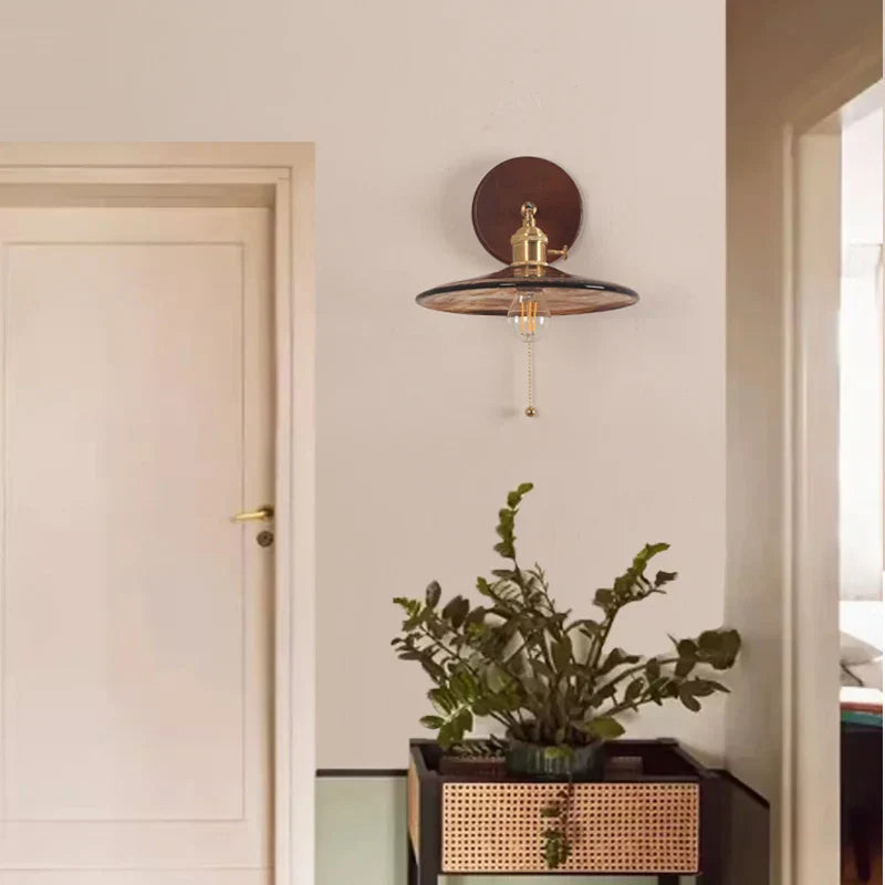Copper Glass LED Wall Sconce Pull Chain Switch Stair Light