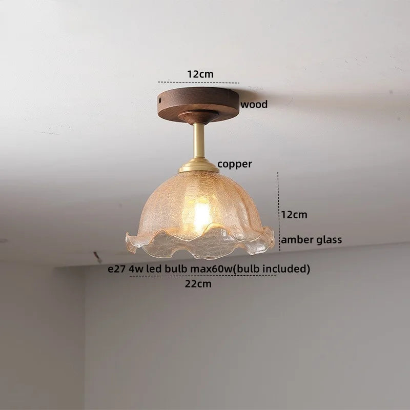 Amber Glass Copper LED Ceiling Light Fixture for Modern Home Decor