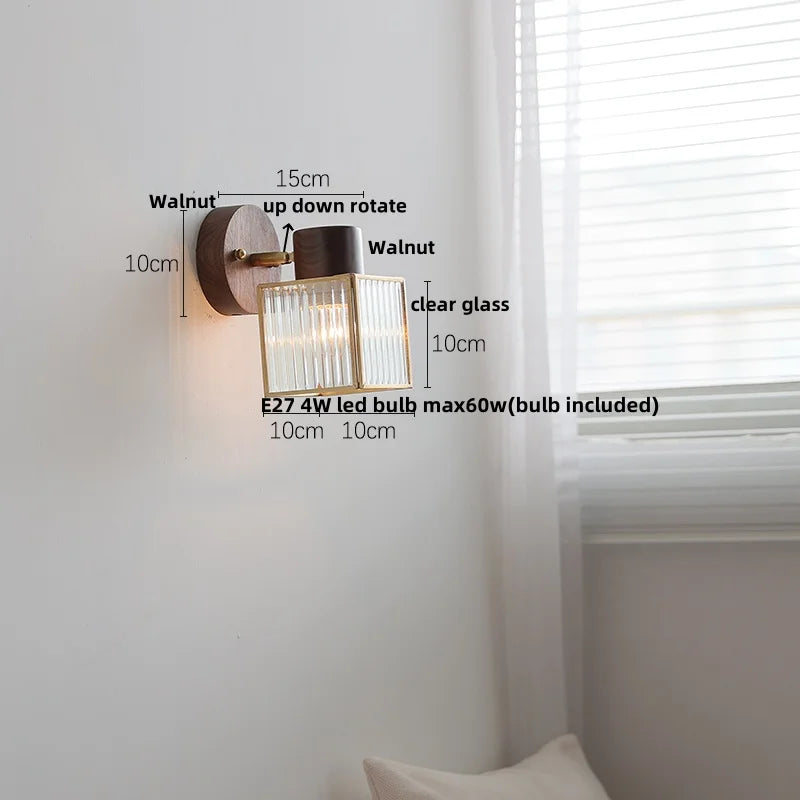 LED Walnut Wood Wall Sconce Clear Glass Bathroom Mirror Light