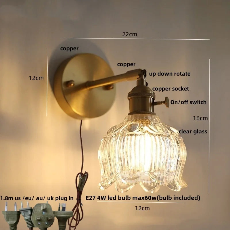 Copper Pull Chain LED Wall Light with Clear Glass Rotate Bedside Lamp