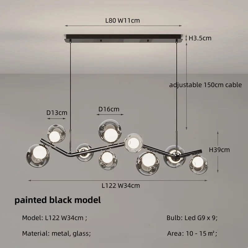 Afralia™ Glass Globe Black Led Pendant Chandelier - Nordic Style Dining Room Decor