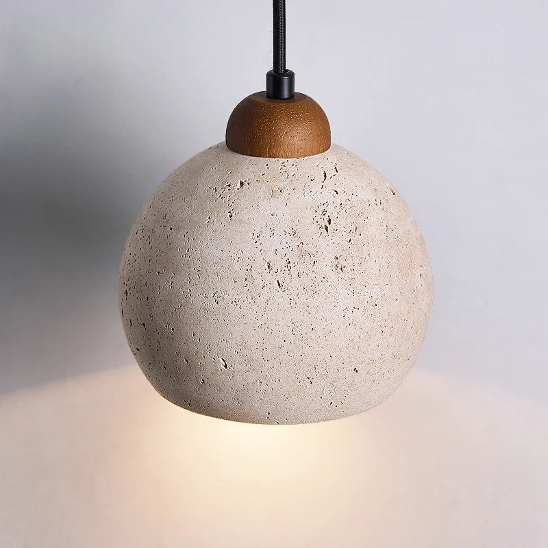 Afralia™ Vintage Wabi Sabi LED Pendant Lights Wood Yellow Travertine Hanging Lamp