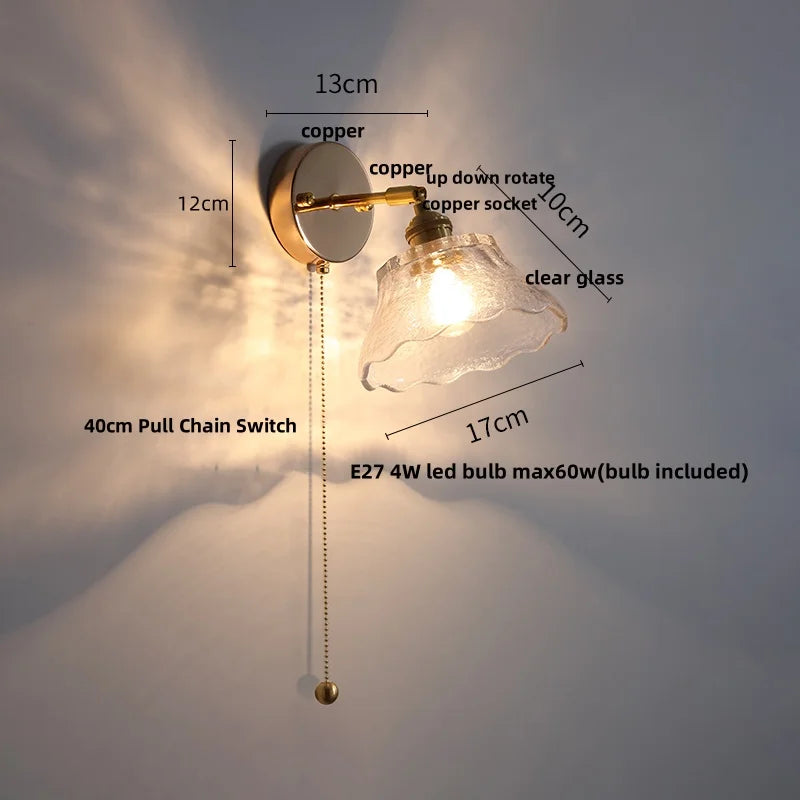 Copper LED Wall Lights with Glass Shade & Pull Chain Switch