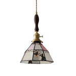 Afralia™ Tiffany Cat Glass LED Pendant Light in Walnut Wood Finish