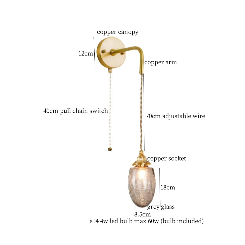 Afralia™ Grey Glass LED Wall Lamp Bedroom Living Room Loft Modern Copper Wandlamp