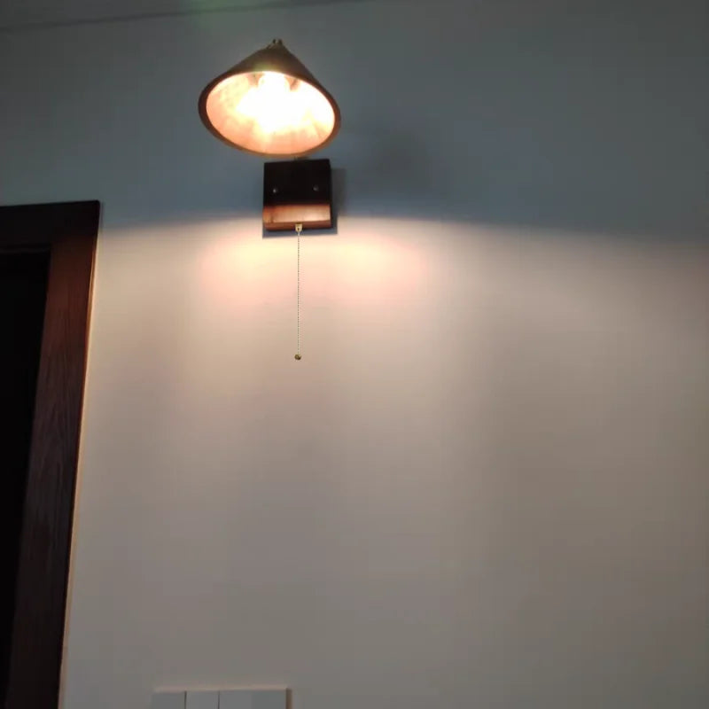 Walnut Wood LED Wall Lamp Sconce with Pull Chain Switch Rotation Mirror Light