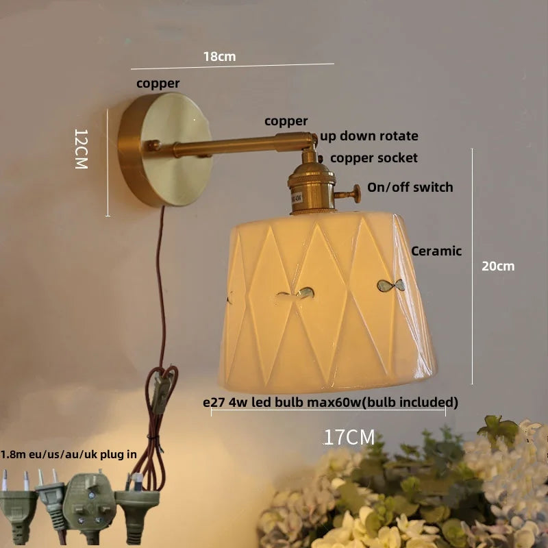 Ceramic Copper Wall Light Fixture with Pull Chain Switch, E27 LED, Modern Nordic Design